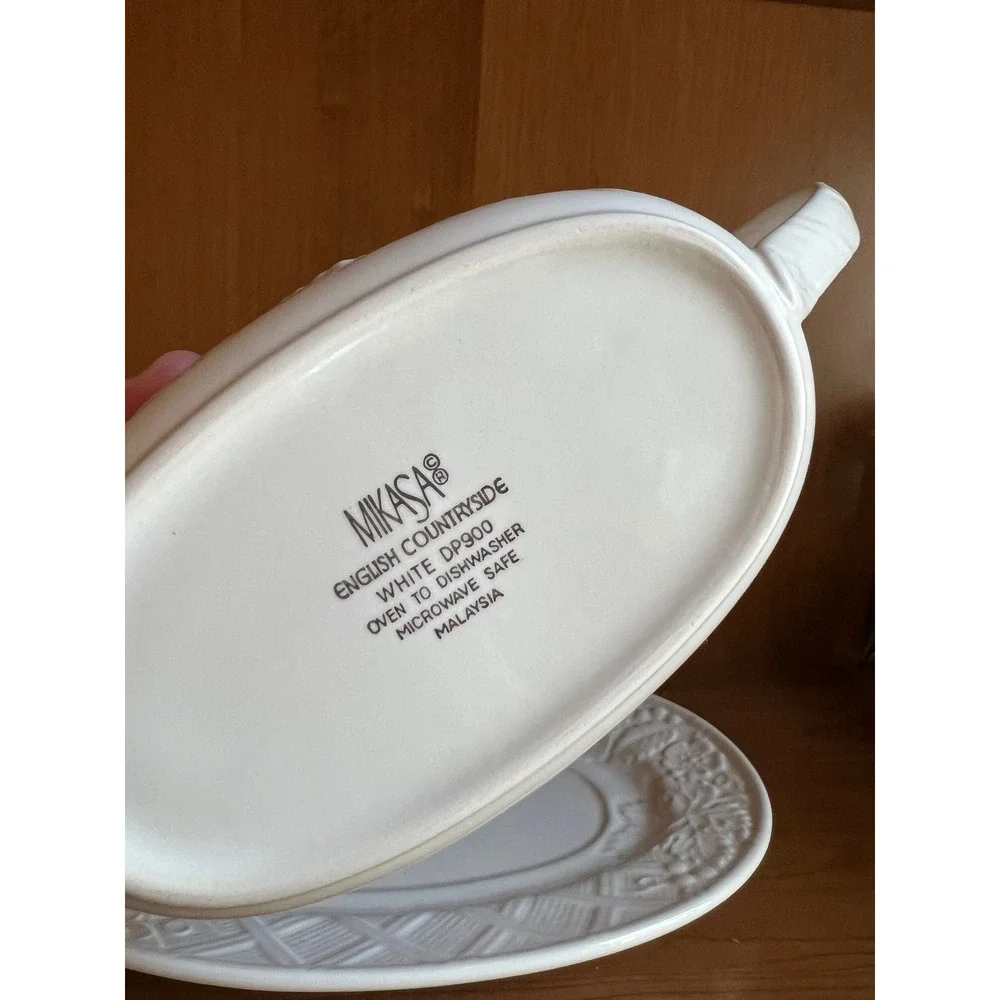 Mikasa English Countryside White Gravy Boat and Underplate Embossed Stoneware